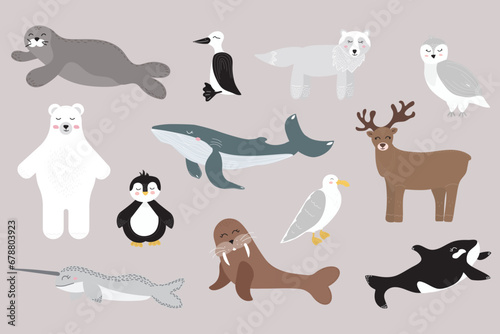 Vector set of wild polar animals, sea mammals and birds. Collection of cute arctic animals. Whale, narwhal, walrus, guillemot, albatross, polar deer, polar owl, polar bear, penguin. Vector illustratio