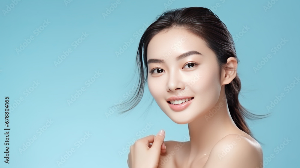 Beautiful young asian woman with clean fresh skin on blue background, Beautiful young asian woman with clean fresh skin on blue background,