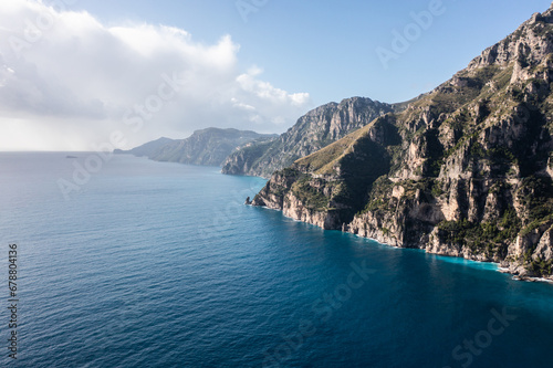 Positano, Italy. Rugged Mountains of the Amalfi Coast. Aerial Drone Photo