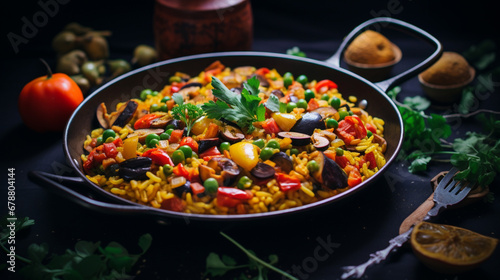 Vegan paella with a colorful assortment of vegetables, saffron-infused rice, and plant-based protein.