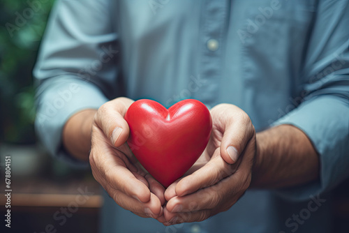 Man holding red heart in hands. Love, help, social responsibility, donation, charity, volunteering, gratitude, appreciate, world heart day concept.