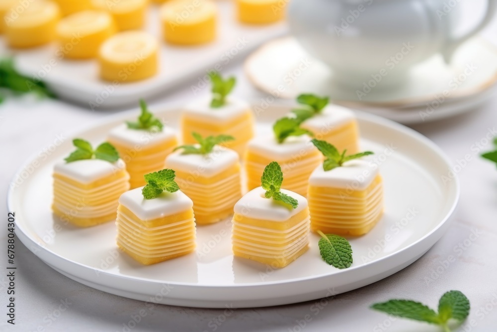 A white plate topped with mini cakes covered in icing. A white plate topped with mini cakes covered in icing.