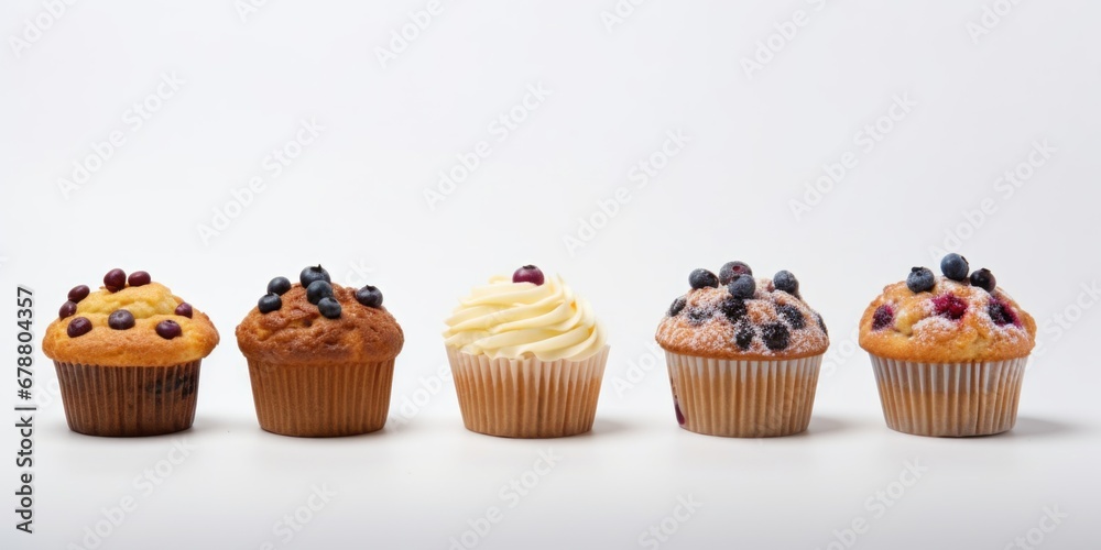 A row of cupcakes with different toppings. A row of cupcakes with different toppings.