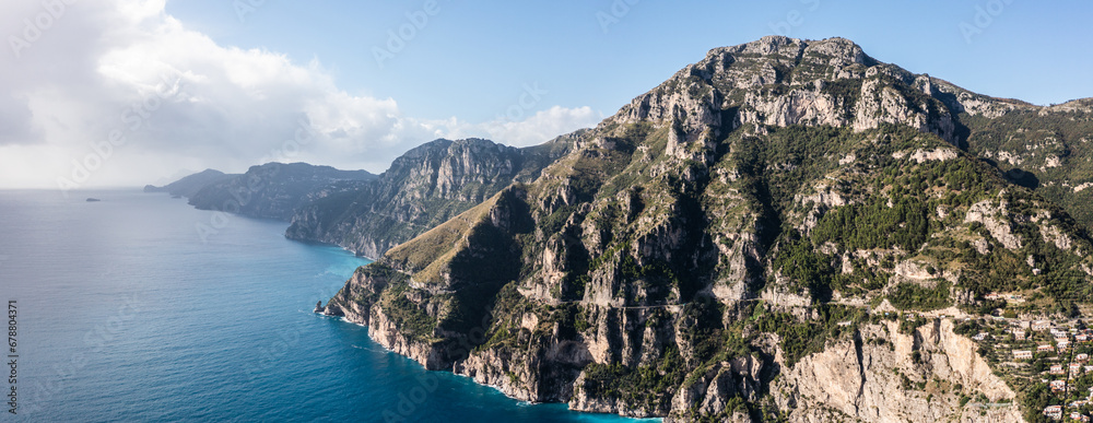 Positano, Italy. Rugged Mountains of the Amalfi Coast. Aerial Drone Photo