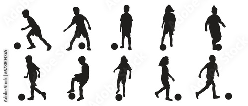 silhouettes of kids playing football in poses of kicking and playing in the ground