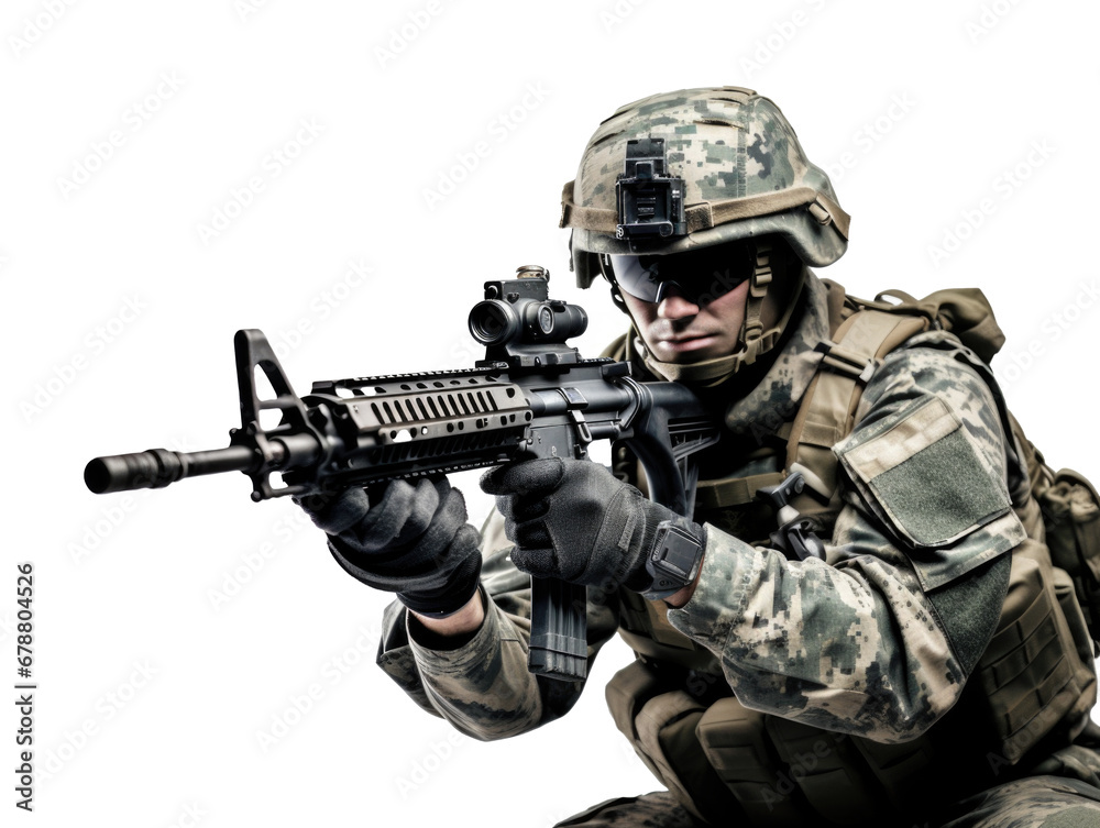 a American military army special force soldier with camouflage helmet and a rifle gun