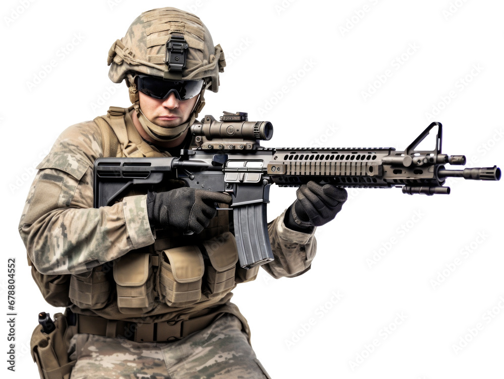 a American military army special force soldier with camouflage helmet and a rifle gun