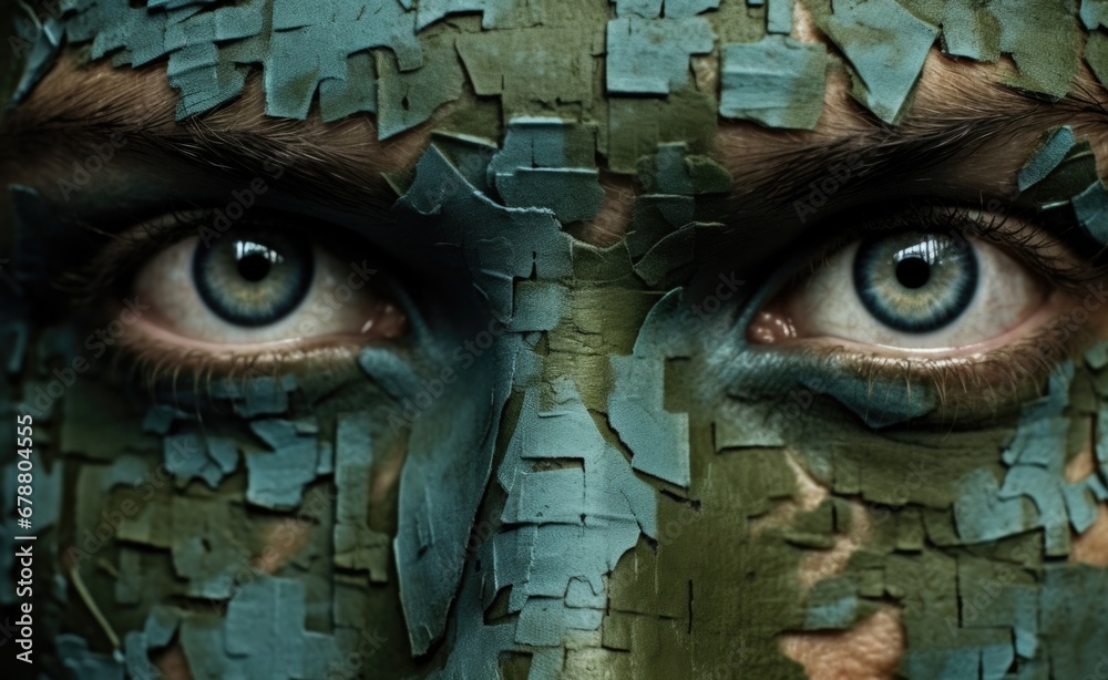 Close up a soldiers face covered in camouflage paint, blend into their surroundings