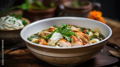 A bowl of pasta with chicken and vegetables.