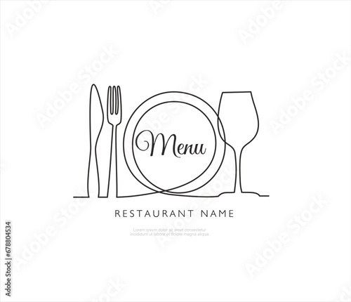 Continuous one line drawing of plate, fork, knife and glass. Menu food design. Vector illustration.