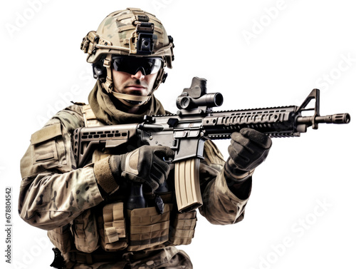a American military army special force soldier with camouflage helmet and a rifle gun