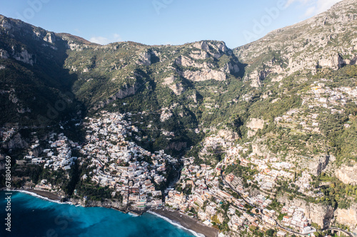 Obraz na płótnie Positano, Italy. Rugged Mountains of the Amalfi Coast. Aerial Drone Photo w salonie