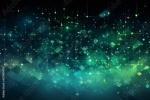Sparkling green and blue light particles on dark background