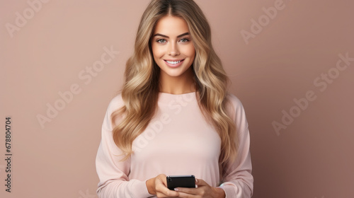 beautiful woman in a dress holds a mobile phone in her hands and looks at the viewer on a color background, girl with a smartphone, online shopping, portrait, business, lady, screen, device, internet