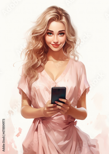 beautiful woman in a dress holds a mobile phone in her hands and looks at the viewer on a color background, girl with a smartphone, online shopping, portrait, business, lady, screen, device, internet