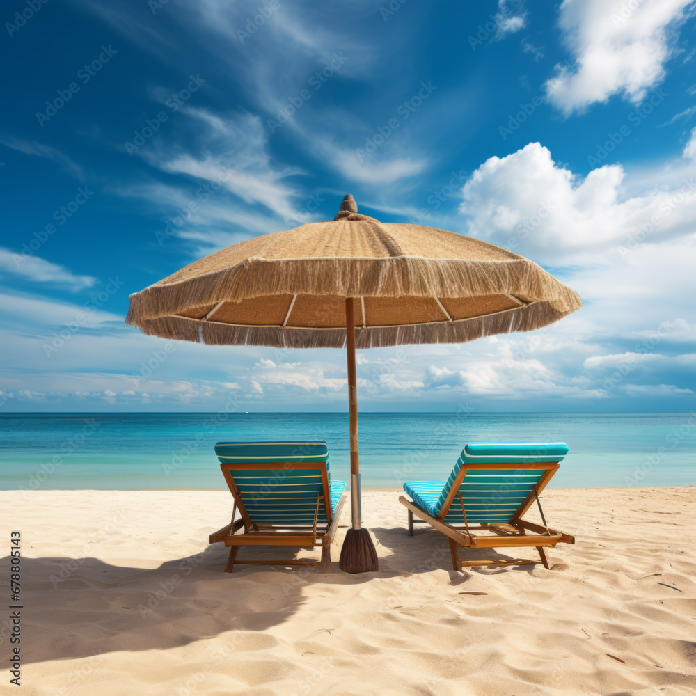 Chairs And Umbrella In Palm Beach - Tropical Holiday concept