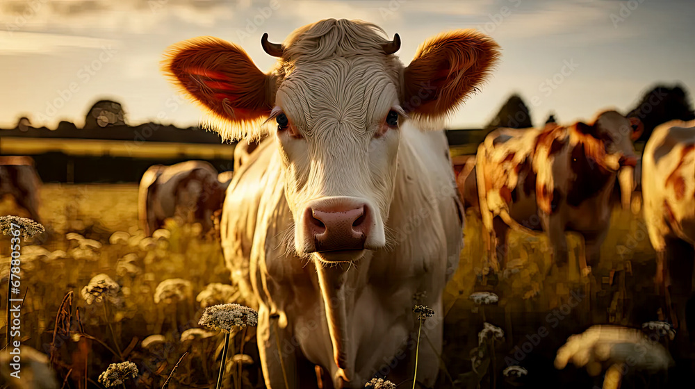 Cows Grazing with Herd in Green Grass & Sky  Background