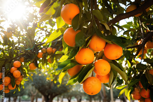 Fresh ripe oranges hanging on trees in orange garden. photo