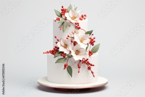 A white cake with red berries and white flowers.