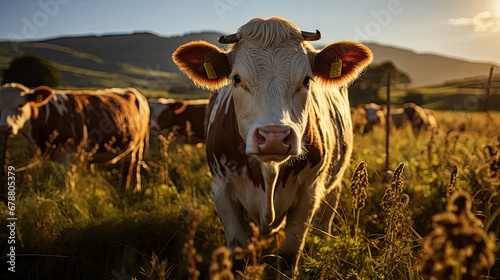 Cows Grazing with Herd in Green Grass & Sky Background