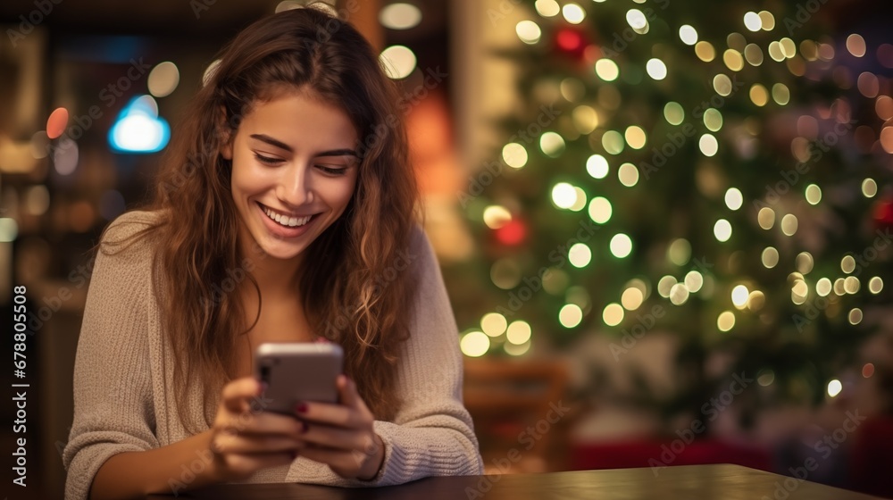 Cheerful smiling caucasian young girl or woman browsing internet using smartphone shopping online in evening cafe with Christmas decorations