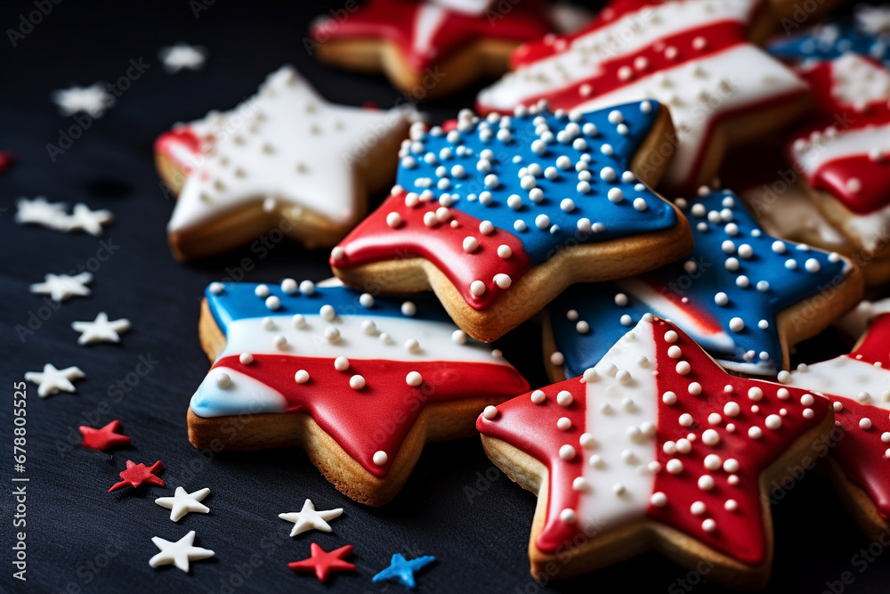 Memorial Day-themed desserts or baked goods with creative decorations, showcasing patriotic culinary skills, creativity with copy space