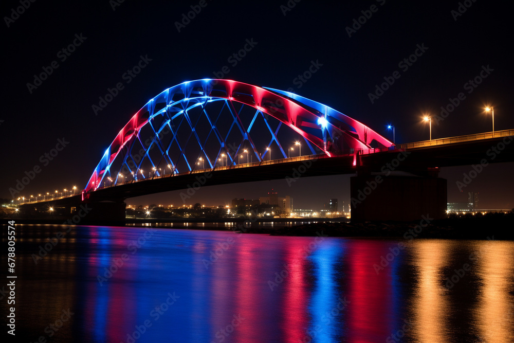 Veterans Memorial bridge or landmark creatively illuminated with patriotic colors, creativity with copy space