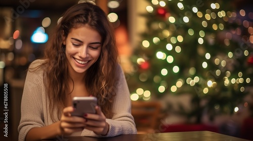 Cheerful smiling caucasian young girl or woman browsing internet using smartphone shopping online in evening cafe with Christmas decorations