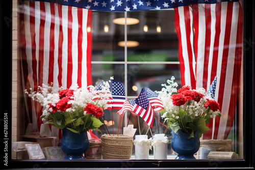 Creative photo of a patriotic-themed window display or storefront, expressing support for Memorial Day, creativity with copy space