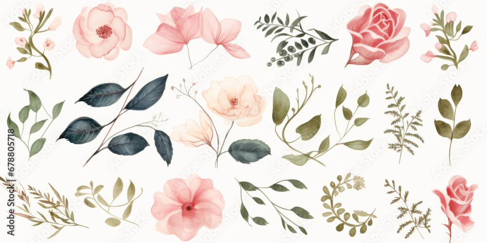 Watercolor plants illustrations with green, pink and white flowers.