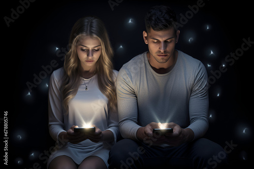 Unhappy young couple hypnotized with mobile phones and smartphones. Technology isolation and emotional depression. Internet and social media