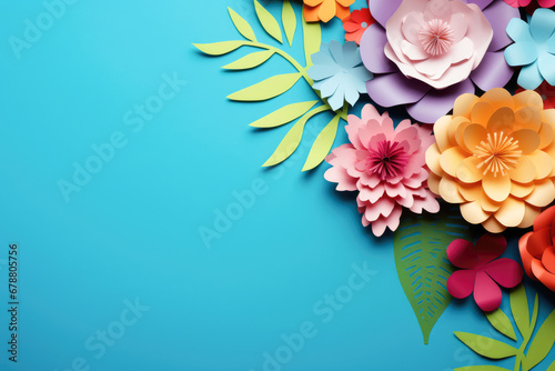 Colorful paper flowers on a blue background. Room for Text. © PixelGallery