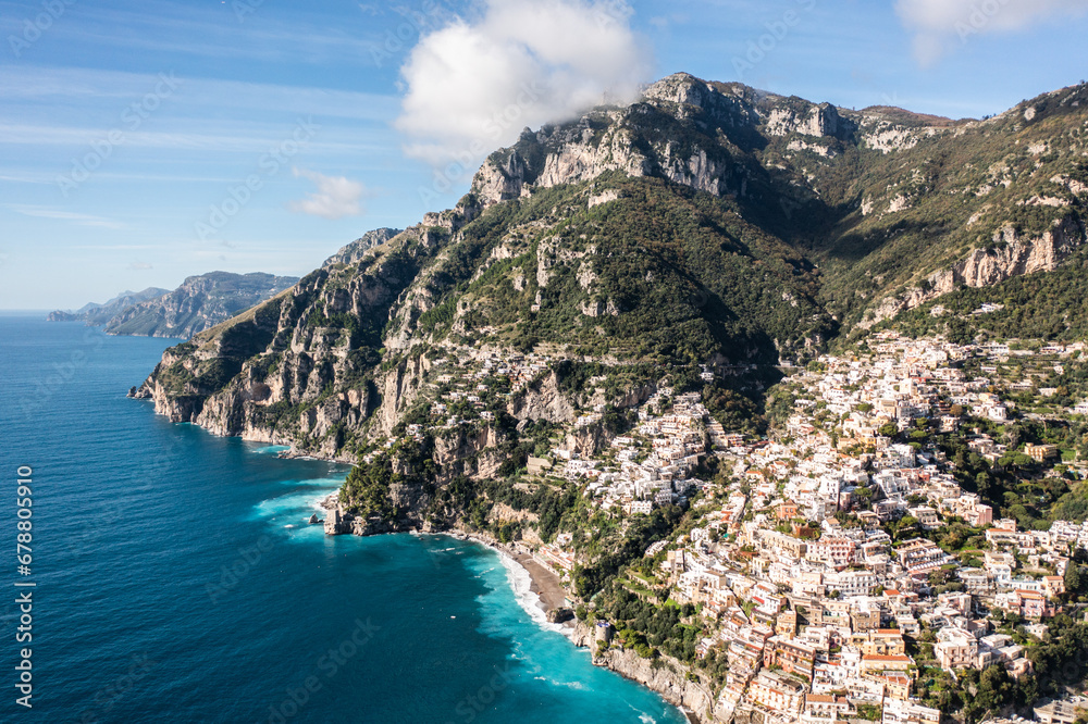 Positano, Italy. Rugged Mountains of the Amalfi Coast. Aerial Drone Photo