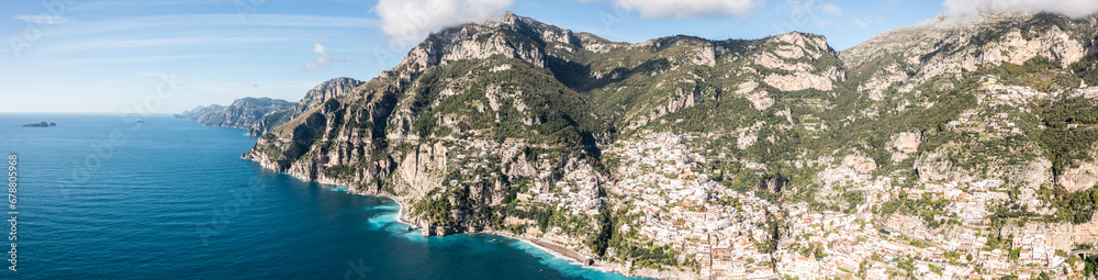 Positano, Italy. Rugged Mountains of the Amalfi Coast. Aerial Drone Photo