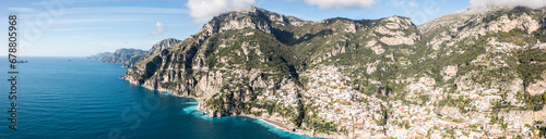 Obraz na płótnie Positano, Italy. Rugged Mountains of the Amalfi Coast. Aerial Drone Photo w salonie