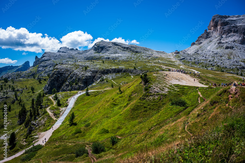 Dolomites, five towers. Breathtaking panorama of the mountains above Cortina d'Ampezzo.