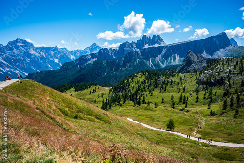 Dolomites, five towers. Breathtaking panorama of the mountains above Cortina d'Ampezzo.