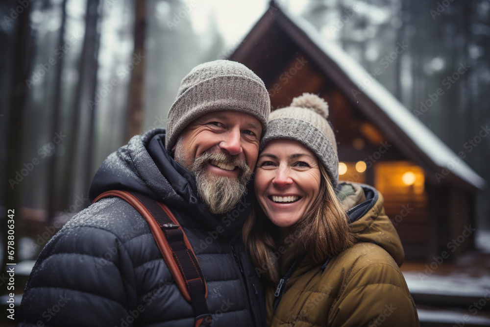 Warmly dressed couple enjoys a winter day outside their cozy log cabin