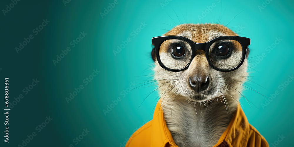 simpatico suricate vestito da essere umano con giacca gialla  su sfondo turchese , animale antropomorfo - obrazy, fototapety, plakaty 