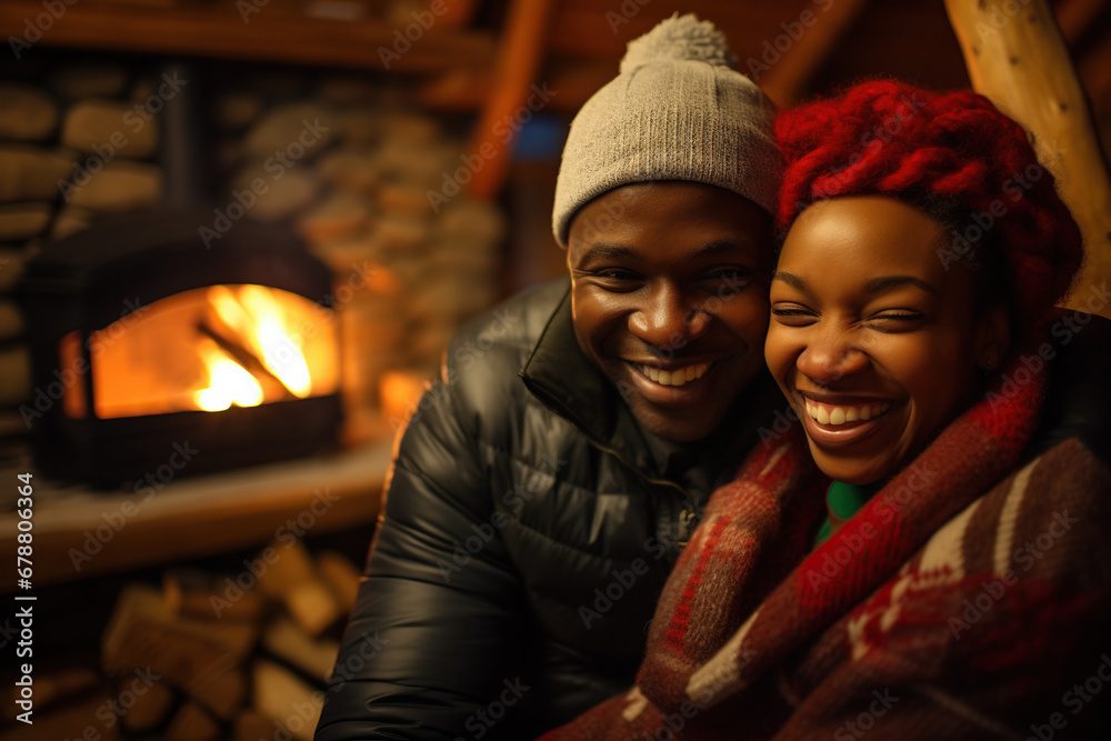 Happy middle age black couple hugging near fireplace in winter forest cabin