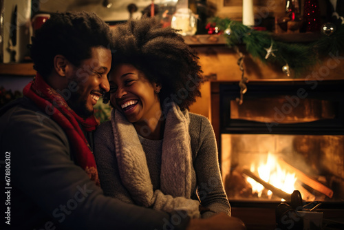 Happy young black couple hugging near fireplace in winter forest cabin