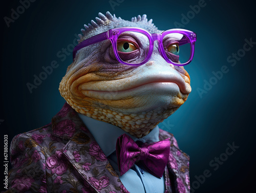 simpatico camaleonte vestito con abiti umani alla moda, su sfondo viola, pesce antropomorfo, 