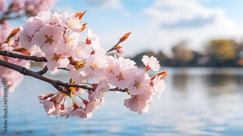 A cherry blossoms in full bloom, with a serene lake as the background, during a sunny spring day