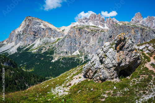 Dolomites, five towers. Breathtaking panorama of the mountains above Cortina d'Ampezzo.