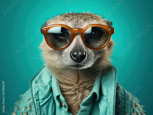 simpatico suricate vestito da essere umano con giacca azzurra su sfondo turchese , animale antropomorfo photo