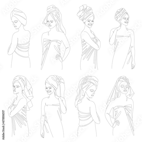 Collection. Girl silhouettes in modern continuous line style. A lady after a shower with a towel on her head. Outline for decor, posters, wall art, stickers, logo. Vector illustration set.