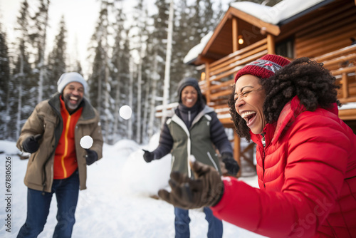 Exciting young people company having energy snowball fight outside winter cabin