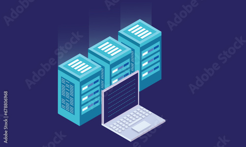 Isometric data network management 3D business network server and laptop Cloud storage data.on purple background. 3d concept. 3d vector.isometric vector design Illustration.