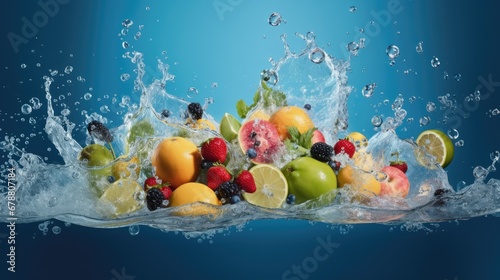  a bunch of fruit is splashing out of the water with a splash of water on the bottom of the image and on the bottom of the image is a blue background. © Oleg