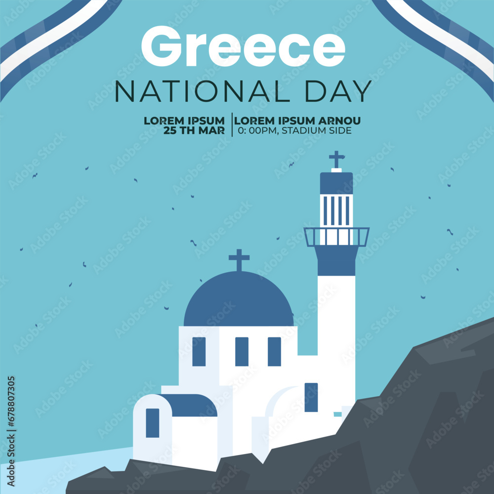 Greece national day social media post  with Greek flag . Landmark of Athens Greece.
